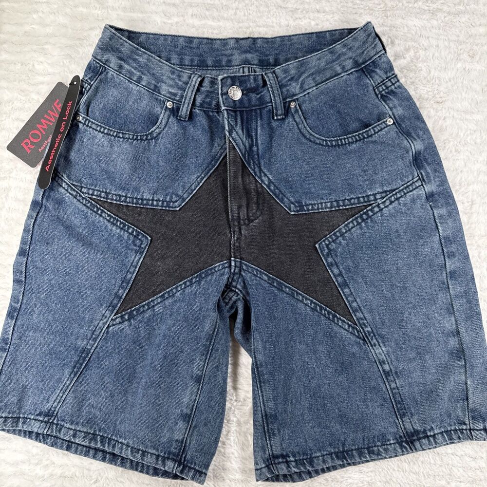 ROMWE Denim Shorts Womens Small Star Patchwork Y2K Bermuda Skater Jorts Blue NEW